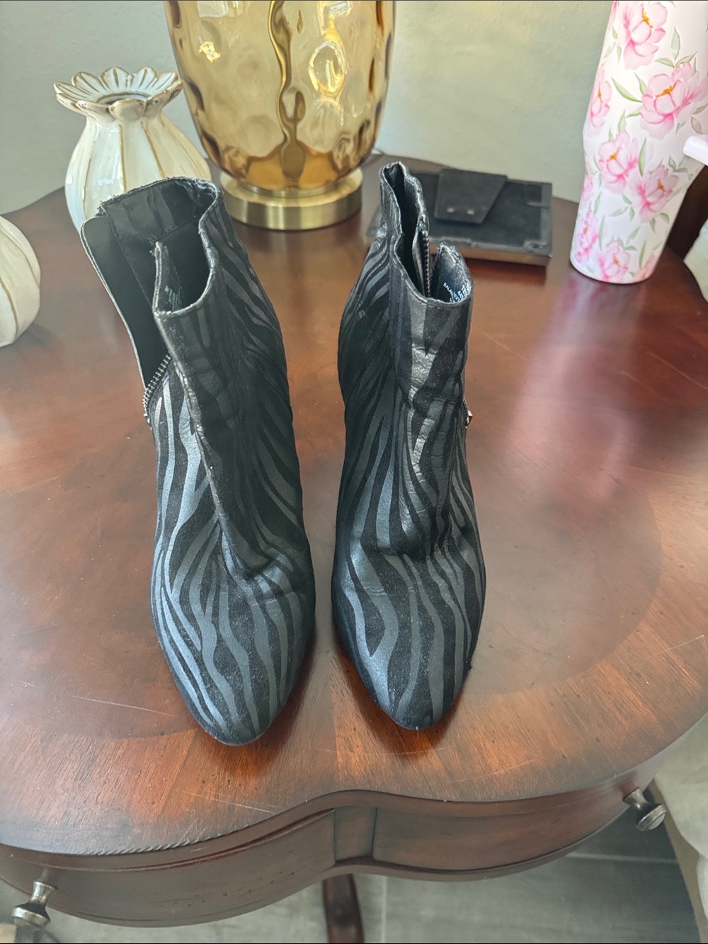 Women's Black Zebra-Print Ankle Booties with Side Zip